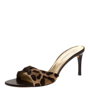 Dolce & Gabbana Brown Leopard Print Pony Hair Slide Sandals Size 40