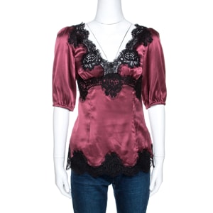 Dolce And Gabbana - Dolce & gabbana burgundy silk satin lace trim blouse m