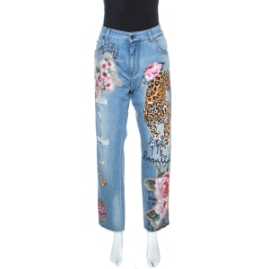 Dolce & Gabbana Indigo Applique And Painted Denim Distressed Jeans L