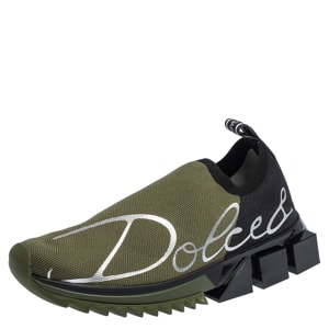 Dolce & Gabbana Military Green/Black Stretch Jersey Logo Print Slip On Sneakers Size 37.5