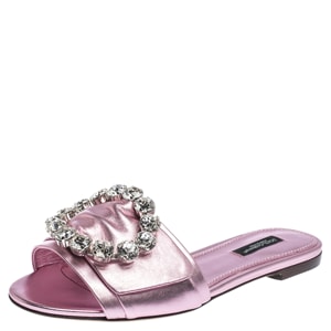 Dolce & Gabbana Pink Leather Jeweled Embellished Flat Slides Size 37