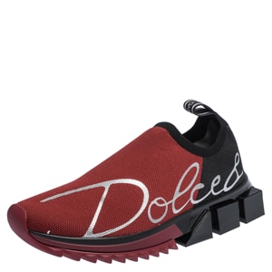 Dolce & Gabbana Red/Black Stretch Jersey Logo Print Slip On Sneakers Size 36
