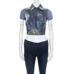 DSquared2 Indigo Distressed Faded Effect Contrast Sleeve Cropped Denim Vest S