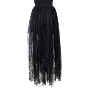 Elie Saab Black Plumetis Tulle Lace Trim Tiered Maxi Skirt S