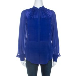 Elie Saab Blue Crepe Silk Ruched Detail Long Sleeve Shirt XS