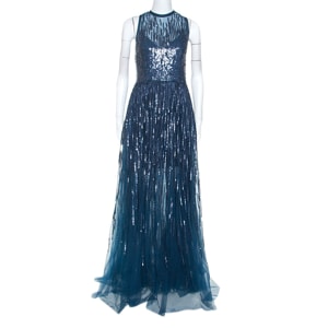 Elie Saab Teal Blue Sequinned Tulle Sleeveless Dress M