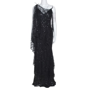 Elie Saab Vintage Black Lace Sequin Embellished Layered Gown S
