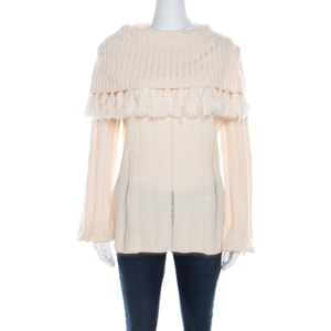 Escada Ivory Chunky Knit Wool and Silk Fringed Roll Neck Swanhilde Sweater L