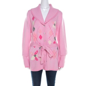 Escada Pink Cashmere Argyle Embroidered Detail Belted Cardigan L
