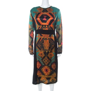 Etro Black & Multicolor Ikat Print Satin & Crepe Full Sleeve Dress M