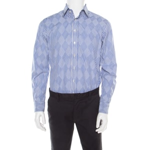 Etro Blue and White Striped Argyle Pattern Cotton Jacquard Long Sleeve Shirt M