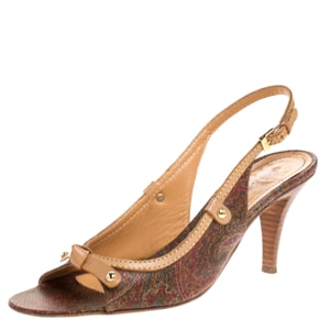Etro Brown Paisley Print Coated Canvas and Leather Open Toe Slingback Sandals Size 39.5