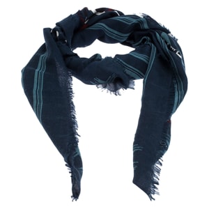 Fendi blue monster and flowerland flowers print silk wool square scarf