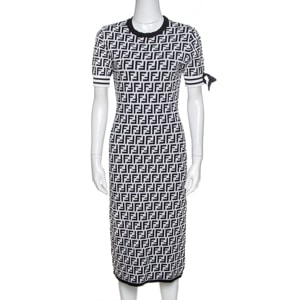 Fendi Monochrome Zucca Monogram Print Stretch Knit Short Sleeve Dress M