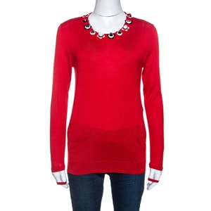 Fendi Red Cashmere Knit Floral Stud Embellished Sweater M