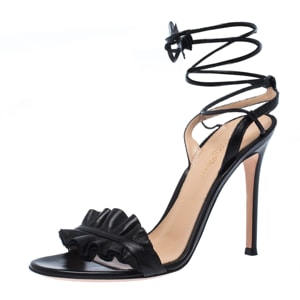 Gianvito Rossi Black Leather Ruffled Ankle Wrap Sandals Sandals 38