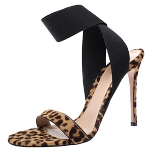 Gianvito Rossi Brown/Black Leopard Print Calf Hair And Elastic Fabric Ankle Wrap Sandals Size 41