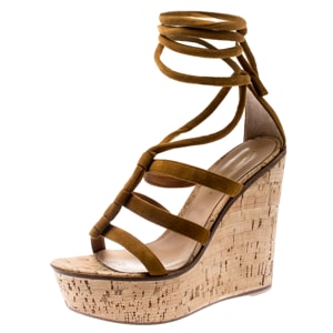 Gianvito Rossi Brown Suede Cork Wedge Ankle Wrap Strappy Sandals Size 36.5