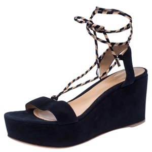 Gianvito Rossi Navy Blue Suede Open Toe Ankle Wrap Wedge Sandals Size 35