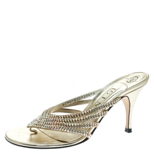 Gina Gold Crystal Embellished Leather Sandals Size 37