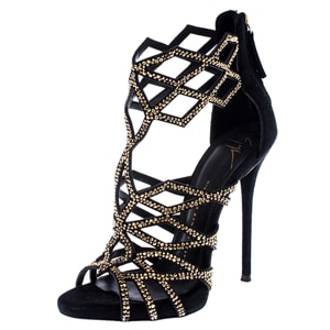 Giuseppe Zanotti Black Crystal Embellished Suede Cut Out Sandals Size 37.5