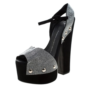 Giuseppe Zanotti Black Crystal Embellished Suede Platform Ankle Strap Sandals Size 39.5