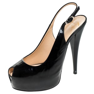 Giuseppe Zanotti Black Patent Leather Slingback Peep Toe Platform Sandals Size 37