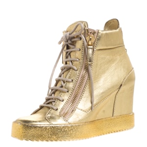 Giuseppe Zanotti Gold Leather High Top Wedge Sneakers Size 38