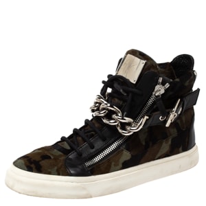 Giuseppe Zanotti Multicolor Camouflage Calf Hair Chain Embellished London High Top Sneakers Size 44.5