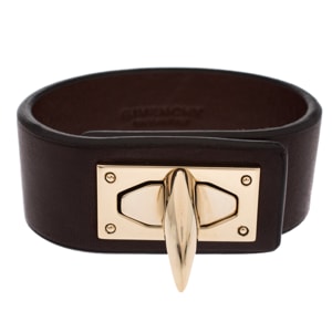 Givenchy Brown Leather Shark Tooth Lock Pale Gold Tone Bracelet