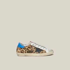 Golden Goose Deluxe Brand Animal Superstar Leopard Print Blue Tab Leather Sneakers Size IT 35