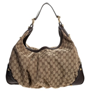 Gucci Beige/Brown GG Canvas and Leather Large Jockey Hobo