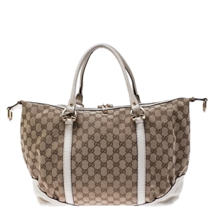 Gucci Beige/Cream GG Canvas and Leather Medium Horsebit Nail Boston Bag