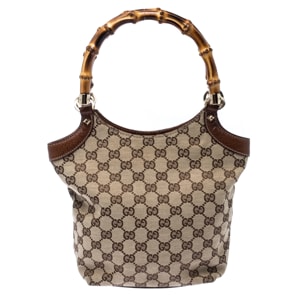 Gucci Beige GG Canvas and Leather Bamboo Handle Satchel