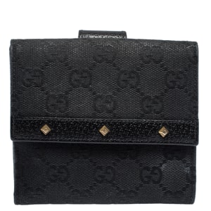 Gucci Black GG Canvas and Leather Studded Compact Wallet