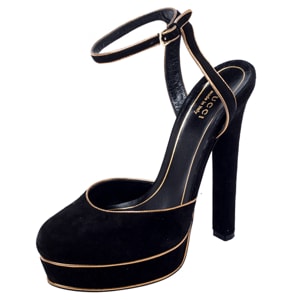 Gucci Black/Gold Suede Huston Ankle Strap Platform Sandals Size 37