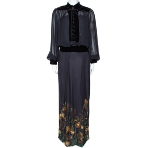 Gucci Black Iris Print Silk Velvet Trim Maxi Dress M