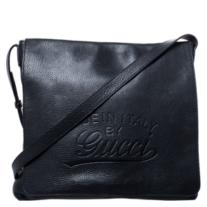 Gucci Black Leather Flap Messenger Bag