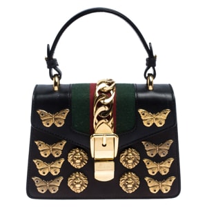 Gucci Black Leather Mini Sylvie Animal Stud Embellished Top Handle Bag