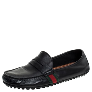 Gucci Black Leather Web Penny Loafers Size 40.5