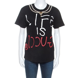 Gucci Black Printed Cotton Pearl Necklace Embellished T-Shirt S