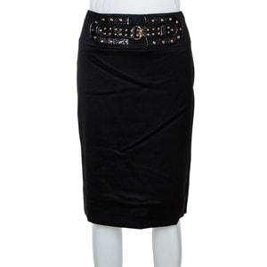 Gucci Black Stretch Wool Studded Belt Detail Fitted Skirt S