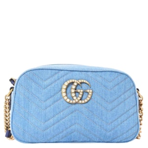 Gucci Blue GG Marmont Denim Matelasse Studded Small Chain Bag