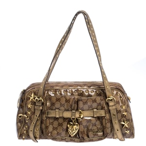 Gucci Brown/Gold GG Crystal Canvas Star Studded Satchel