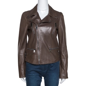 Gucci Brown Leather Monogram Detail Zip Front Jacket M