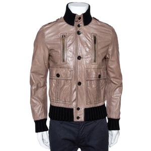 Gucci Brown Leather Rib Knit Trim Madonna Bomber Jacket M