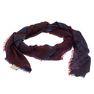 Gucci Grey and Burgundy Guccissima Jacquard Pattern Wool and Silk Fringed Square Scarf