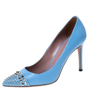 Gucci Light Blue Leather Coline Studded Pointed Pumps Size 37