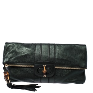 Gucci Metallic Green Leather Bamboo Detail Tassel Lucy Fold Over Clutch
