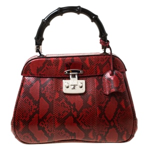 Gucci Red Python Leather Lady Lock Bamboo Top Handle Bag